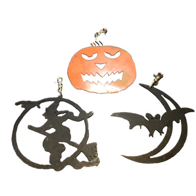 Halloween Metal Hanging Decorations Set of 3: Pumpkin Witch & Bat -very heavy