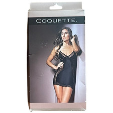 Coquette Sz M 8-10 2535 Chemise Slip Adjustable Straps Black Stretch Lace w/Box