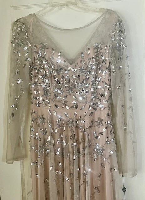 Exquisite:  BNWT ADRIANNA PAPELL Nude w/ Silver Sequins Ballgown,  12 UK/8 US - Image 2 of 4