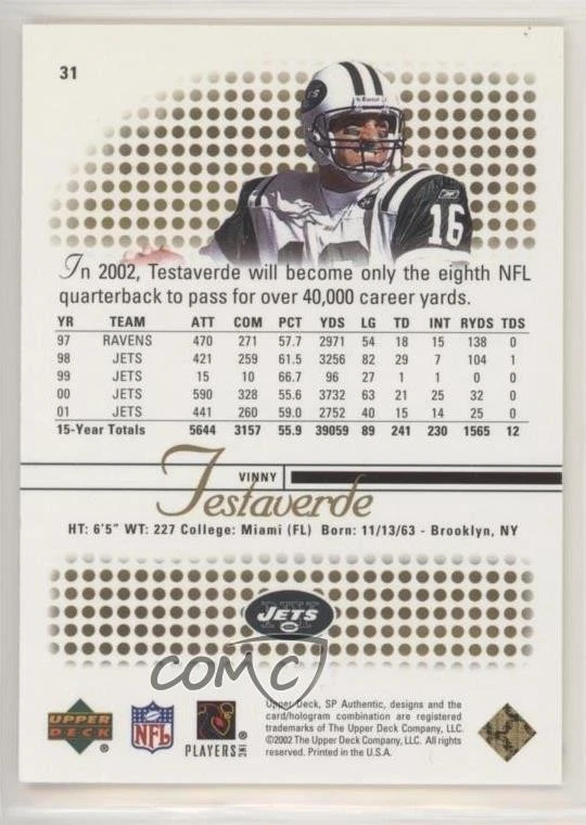 2002 SP Authentic Gold /50 Vinny Testaverde #31 - Image 2 of 2