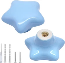 2pcs Ceramic Cabinet Knobs - Blue Star Shaped Drawer Knobs, Cute Kitchen Cabinet