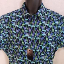 Marc Anthony Luxury Slim Fit Camp Shirt Large Blue and Green Zebras New w/ Tags