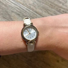Vintage Watch Timex Leather Strap White Small Round Antique Women's 