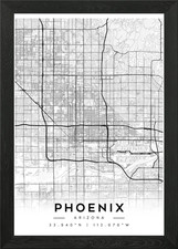 Phoenix Arizona City Map Black and  Framed Wall Art Poster Canvas Print Picture
