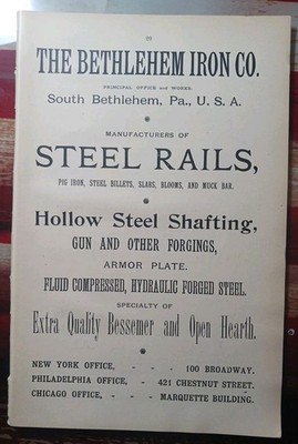 ~1896 Print Advertising BETHLEHEM IRON Steel Railroad Rails Gun Forging Armor 