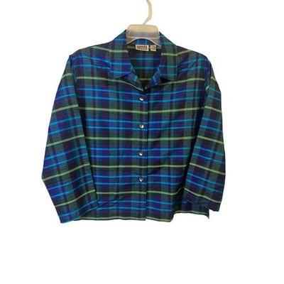 Chicos Design Silk Plaid Button Down Shirt Blue Teal 3/4 Sleeve Size 2 L Large