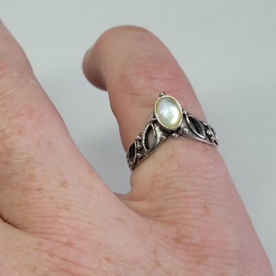 Bague Ancienne Argent 925 Et Nacre - Taille 53, Style Chevron, Neuf De Stock