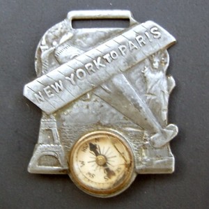 Vintage Charles Lindberg New York To Paris Watch Fob with Compass, Airplane