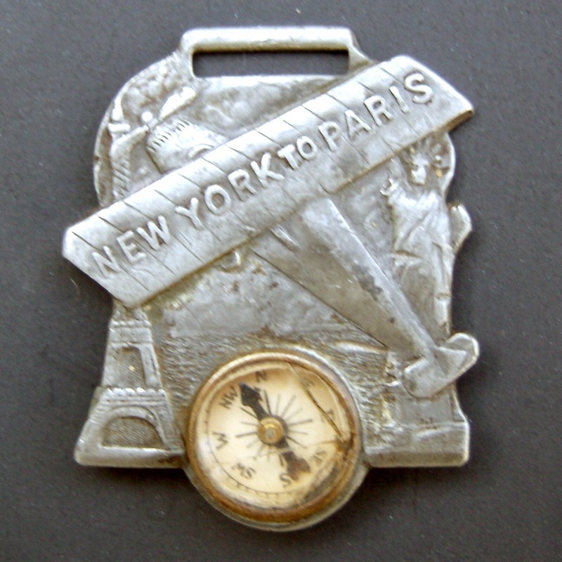 Vintage Charles Lindberg New York To Paris Watch Fob with Compass, Airplane