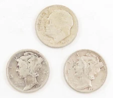 MIXED LOT OF 3 90% SILVER CIRCULATED DIMES - INV #1012