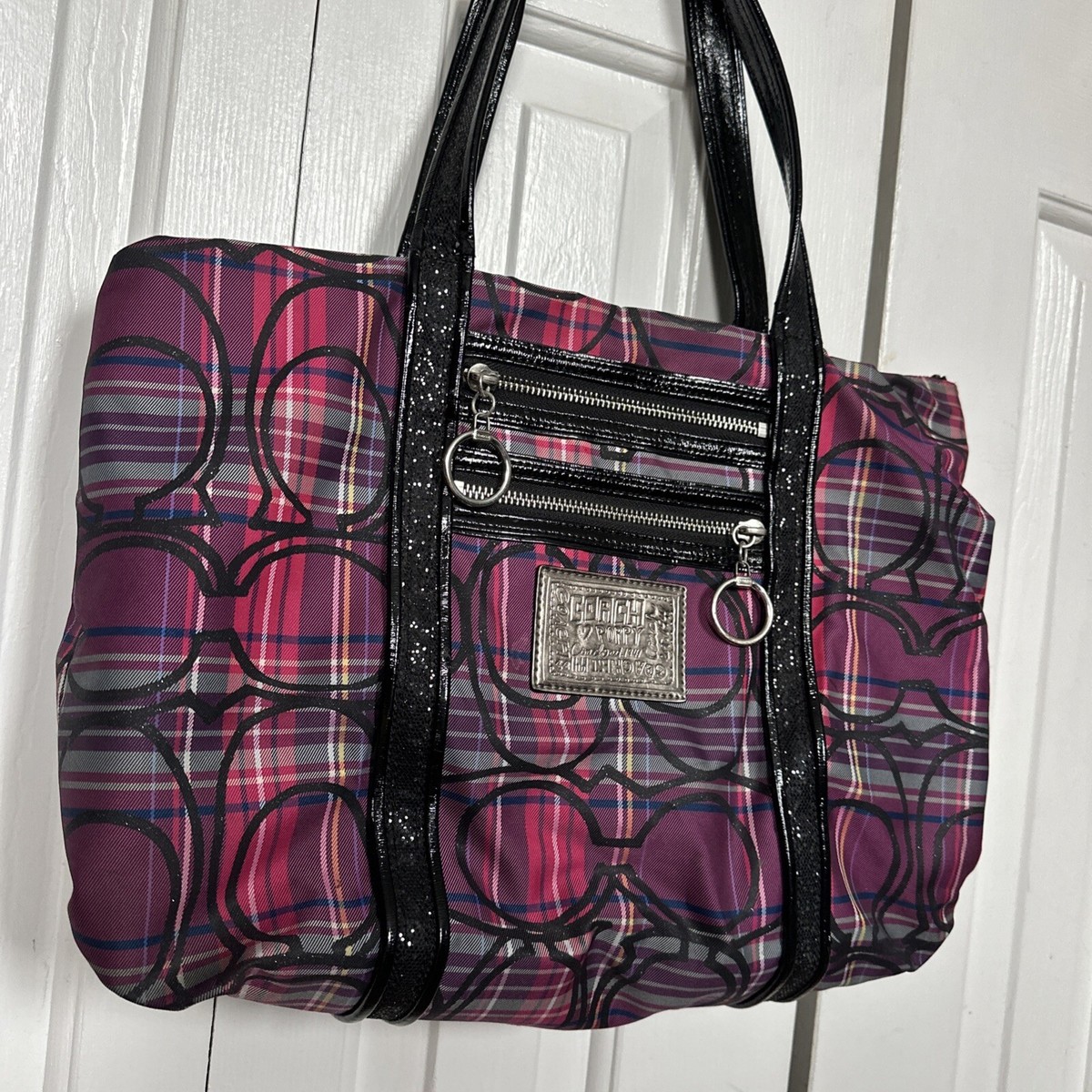 Coach Poppy Large Tartan Plaid Fabric Tote Shopper Shoulder