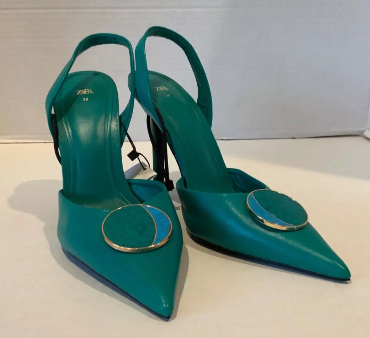 NWT Geniune Leather Zara Green Marble Stone Detail Slingback Heel