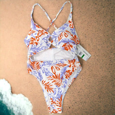 Lucky Brand Womens Cutout One Piece Swimsuit White Orange Purple Leaves Sz L New