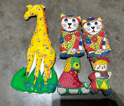 Vintage 1960's 5 Handmade Calico Flower Print Stuffed Cat Pillow Giraffe Dog Boy