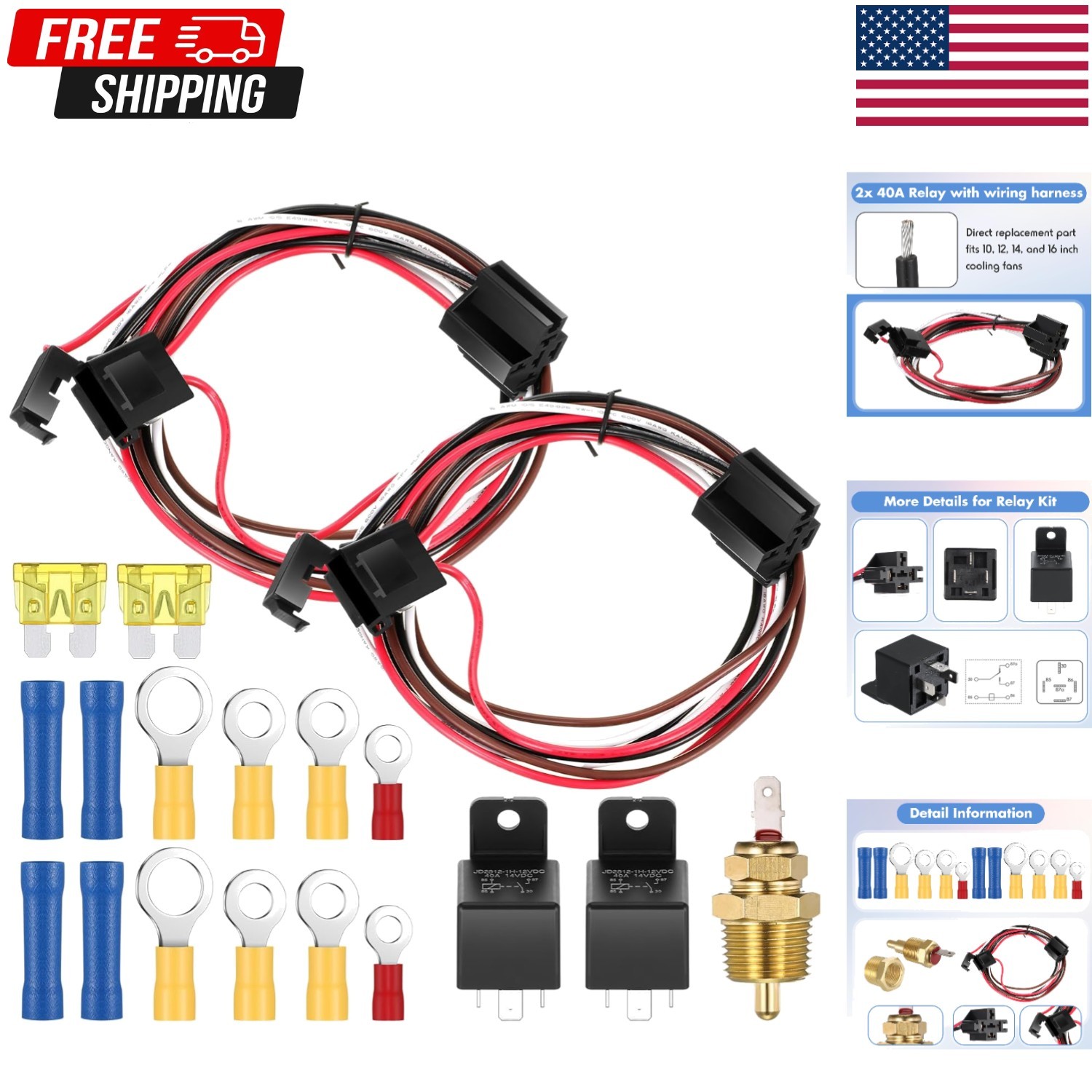Dual Electric Fan Relay Kit with Radiator Thermostat Temperature Sensor Switch