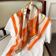 Women's Orange Printed Square Scarf 35x35 Satin Silk Feel Head Neck Ha