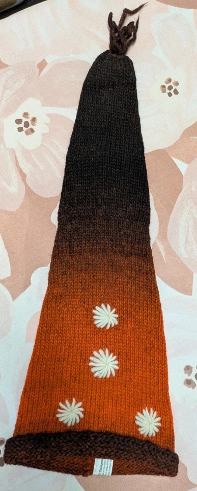 Handmade Lambs Wool Knit Beanie Long Pointed Unisex Boho Hippy Brown Orange - image 2 of 4