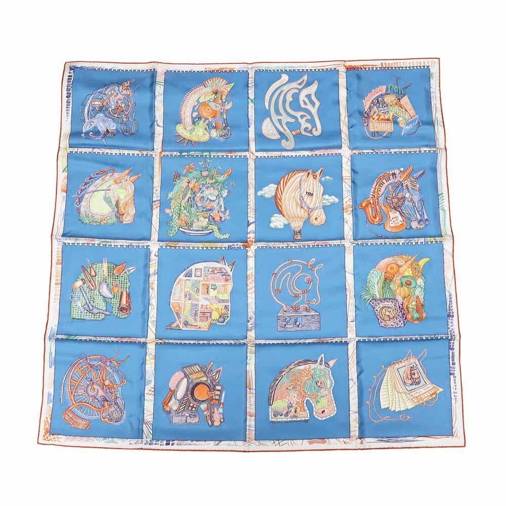 Meito HERMES 100% Silk Chevaloscope Scarf Blue Orange Women Carre 90