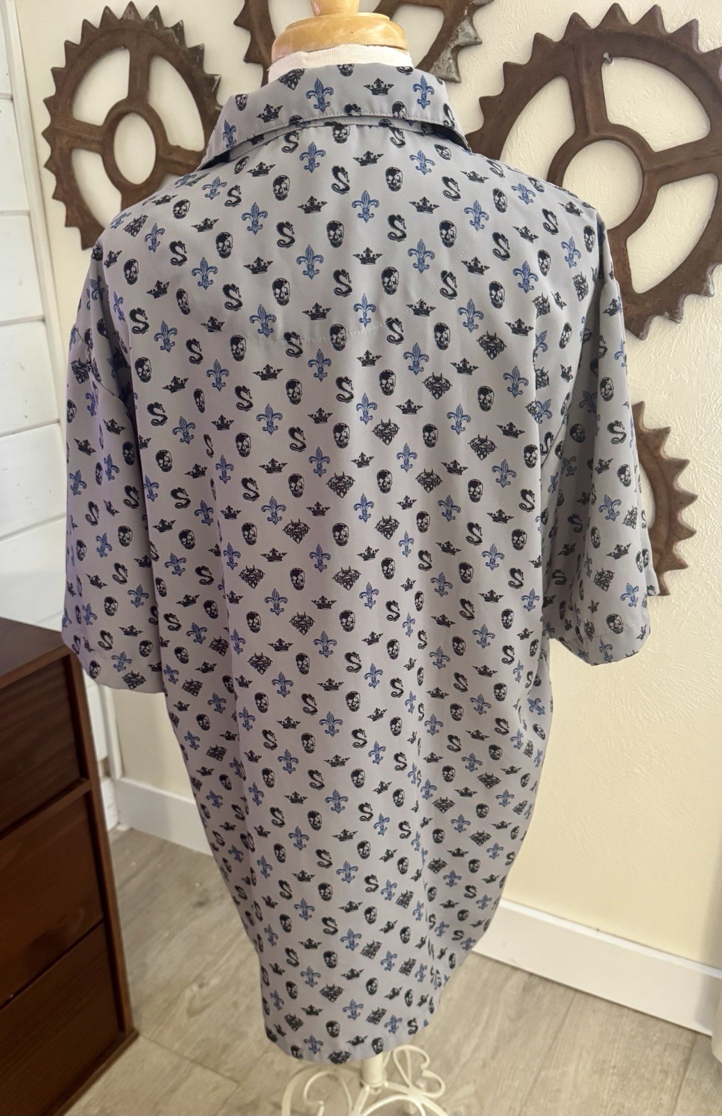 Skull And Crown Gray Patterned Button-Up Shirt - image 2