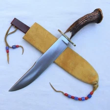 RS, USA 1990th custom large Fighting Bowie crown stag handle, orig sheath UNUSED