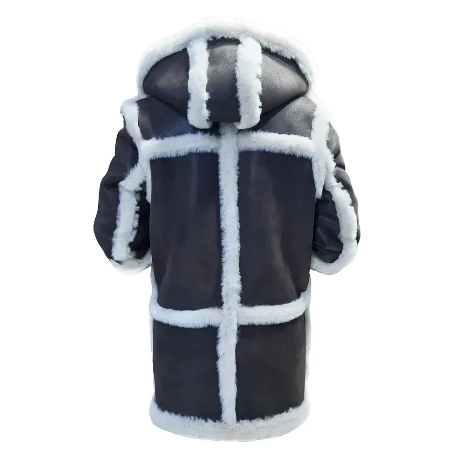 Men’s Sheepskin Shearling Coat with Hood – Black Winter Warm 3/4 Length Jacket - Image 2 of 4