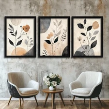 Scandi Floral Wall Art Set Neutral Beige Black Botanical Boho Set Of 3 Prints