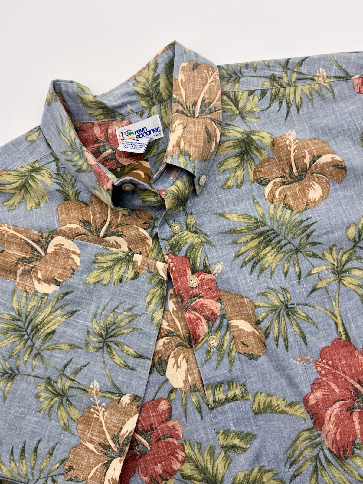 Vtg REYN SPOONER XL Hawaii Blue Tropical Floral SS Polo Shirt Beach Pocket