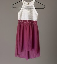 Girls White Purple Hi-Low Fit  Flare Sleeveless Dress Sequin Accent