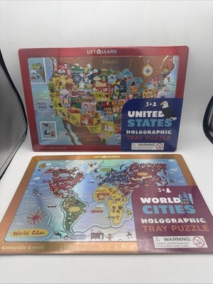 2 Crocodile Creek LIFT & LEARN United States & World Cities Holographic Puzzles