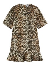 GANNI Brown Leopard Print Mini Dress with Chest Pocket & Ruffled Hem