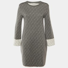 Stella McCartney Grey Cream Logo Wool Knit Mini Dress M