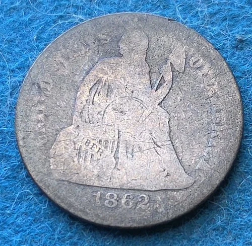 1862 Seated Liberty Silver Dime Coin, Civil War Era-c