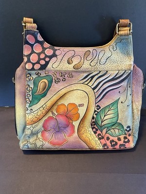 Anuschka Wild Flower Hibiscus Triple Compartment Satchel 7001 Hand Painted Bag
