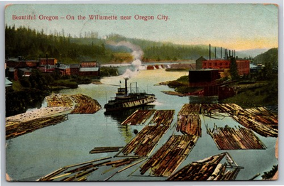 #ad OR Oregon City willamette River Logging Ship Logs Vintage Postcard $1.99