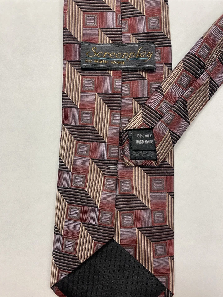 Screenplay By Martin Wong Silk Necktie Black Red Gold Geometric Handmade 60x3.75 - Image 3 of 4
