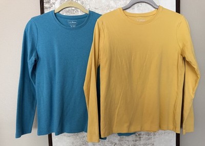 L.L. Bean Womens XS Reg 100% Cotton Long Sleeve Crewneck T-Shirts Yellow & Teal