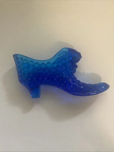 Fenton Glass Cat Head Hobnail Heeled Shoe Slipper Colonial Cobalt Blue