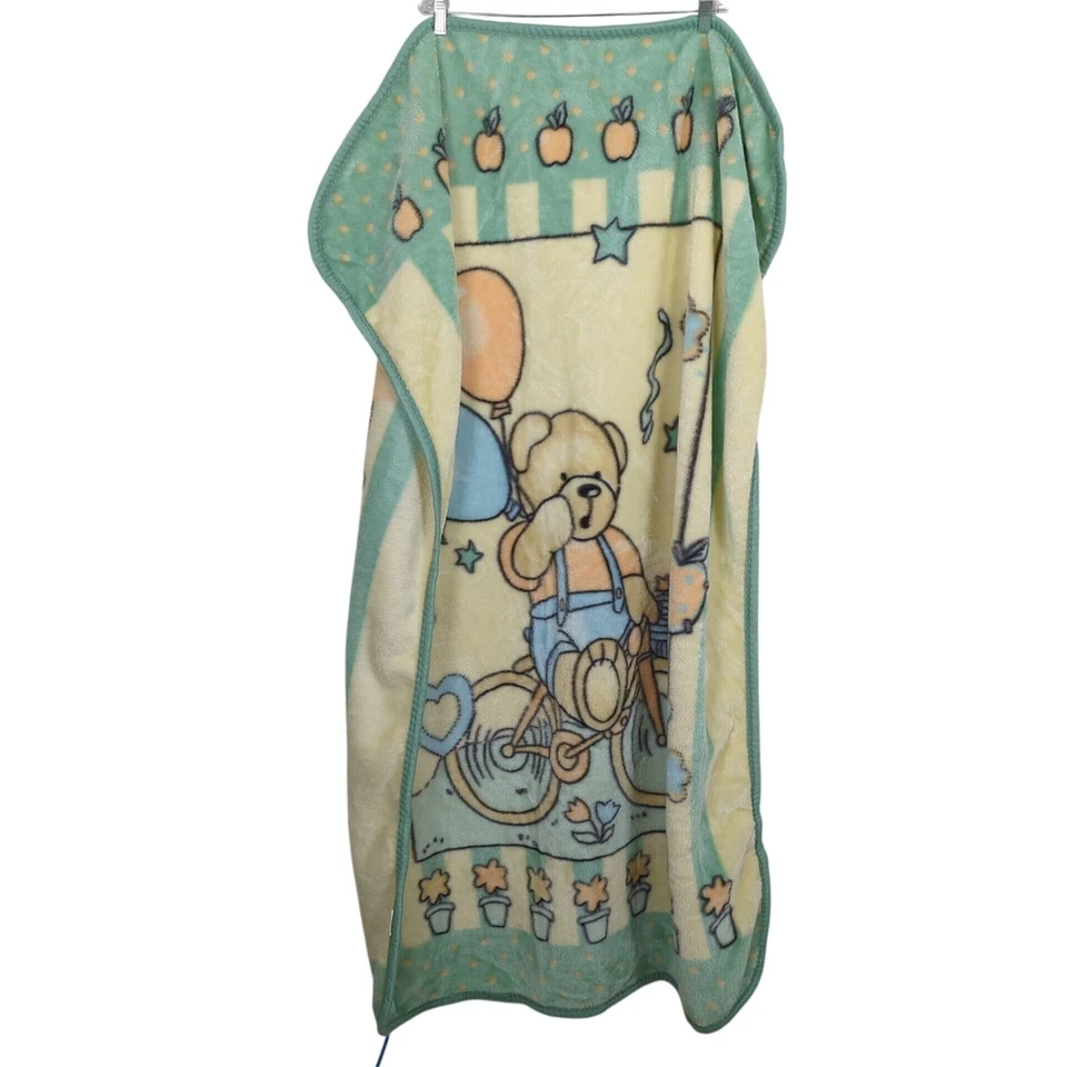 Vintage Teddy Bear Baby yellow blue Blanket Soft Fleece Balloons Bicycle Print - Image 2 of 4