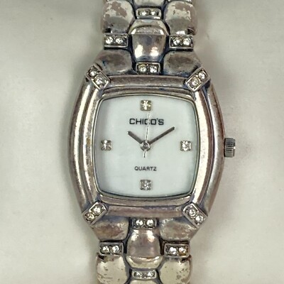 Chico's Watch Women 28mm Silver Tone MOP Dial Hinged Cuff Patina New Battery 6''