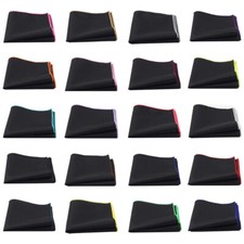 Mens Linen Cotton Black Pocket Square Colorful Edge Handkerchief Wedding Hanky