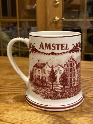 AMSTEL Bier Beer Mug Hand Painted Red Delft Made in Holland 5'' High Collectable