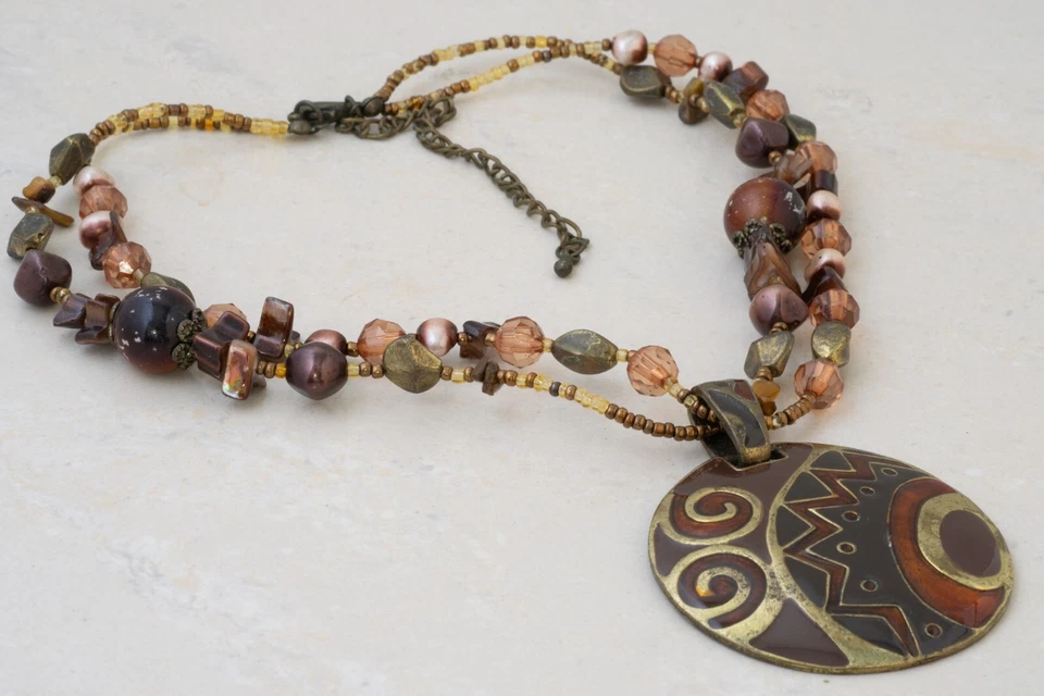 Ann Taylor коричневая эмаль золото осень племенной латуни подвеска Funky заявление бисером - Изображение 3 из 4