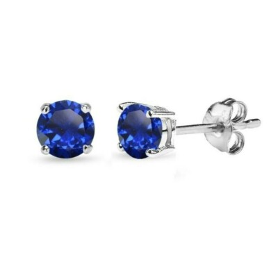 2mm Genuine Sapphire Round Basket Set Stud Earrings in Solid Sterling Silver