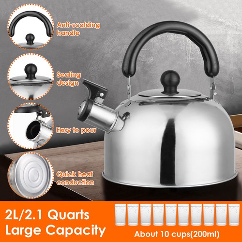 Camping 2.1Qt Whistling Tea Kettle Stainless Steel Tea Pot with Insulated Handle - Picture 2 of 10