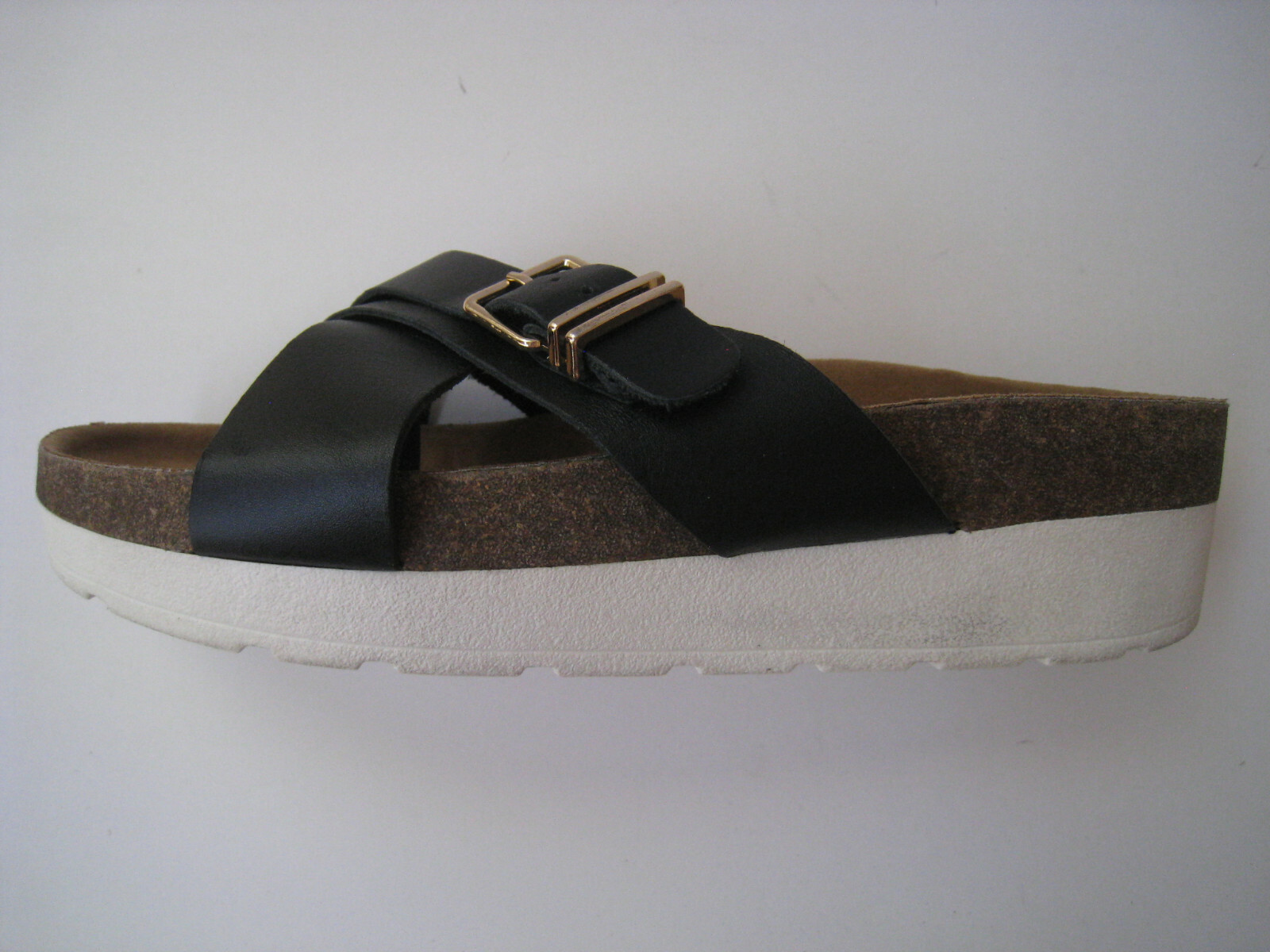 ALDO BLACK LEATHER CORK FOOTBED WEDGE SLIDE SANDALS U… Gem
