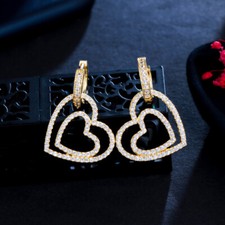 Women Cute Gold Plated Heart Shape Drop Cubic Zirconia Huggie Hoop Earrings Gift