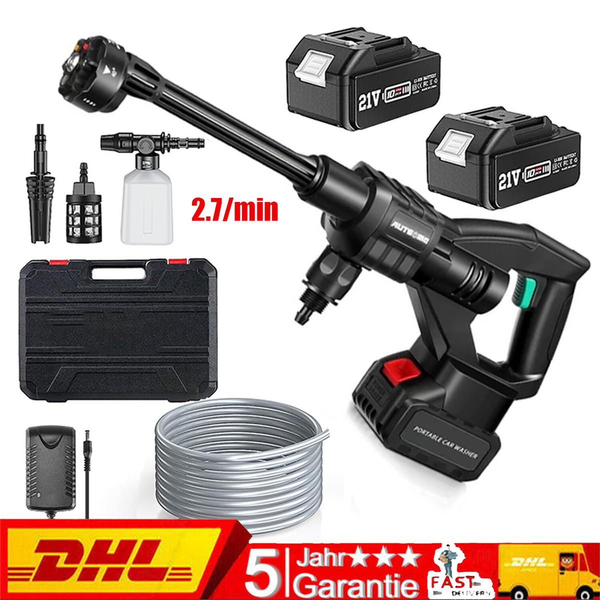 Akku Hochdruckreiniger, 21V Mobile Hochdruckreiniger Mit 2 Akku, 6-in-1