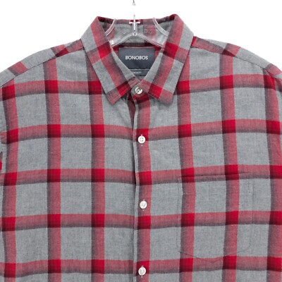 BONOBOS Gray Red Plaid Long Sleeve Cotton LS Shirt Standard Fit MEDIUM LONG