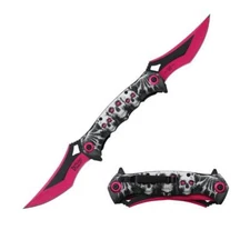 12.5" DARK FANTASY BLADES SKULL PRINTED SPRING ASSISTED TWIN FOLDING KNIFE PINK
