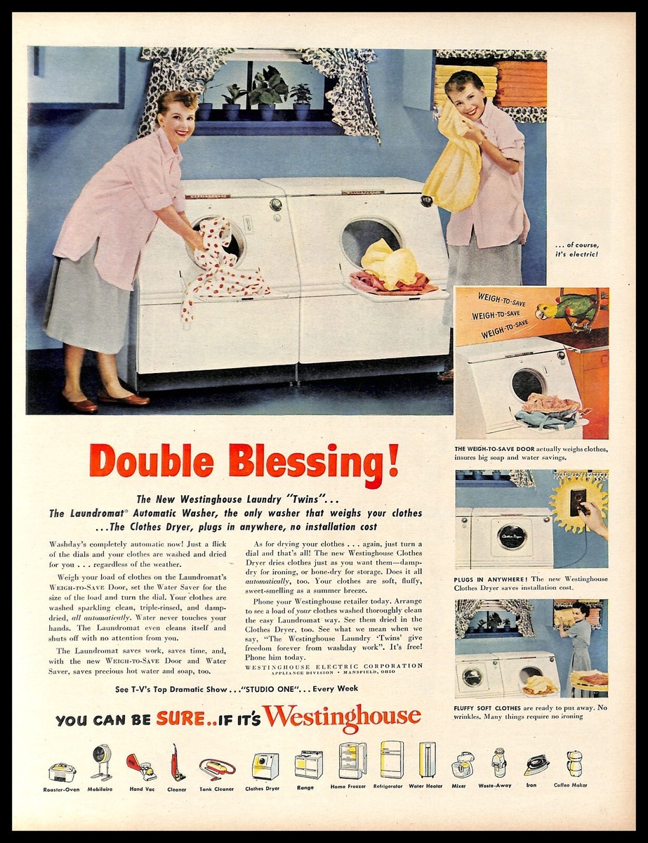 1950 Westinghouse Laundry Twins Vintage PRINT AD Automatic Washer